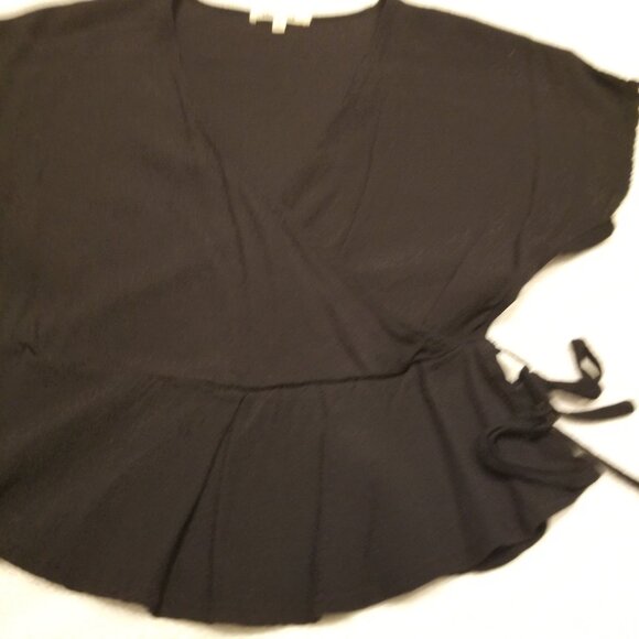 Black Wrap Top Peplum Style Blouse with Tie and Front Pleat Small Bleuh Ciel - Picture 7 of 10